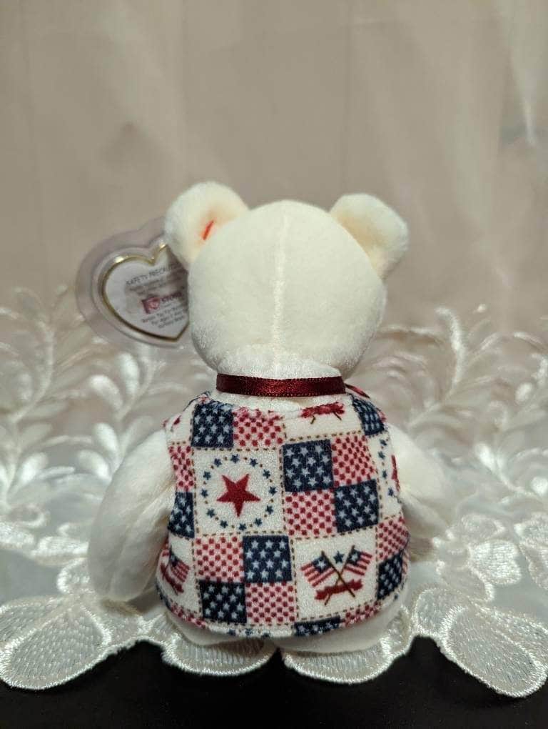 Ty Beanie Baby - Libert-e The White USA Teddy Bear With American Vest (9in) - Vintage Beanies Canada