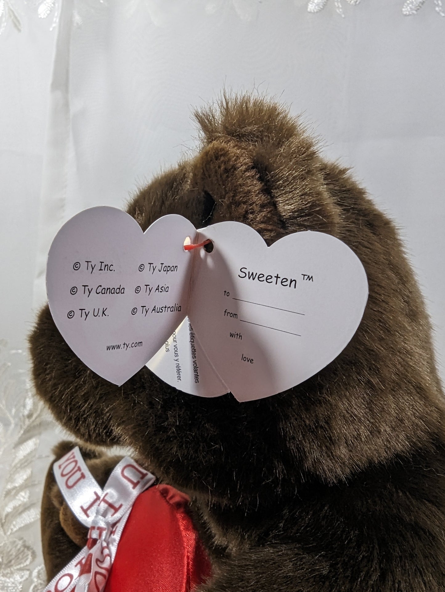 Ty Classic Collection - Sweeten The Brown Bear Holding Heart (10in) - Vintage Beanies Canada