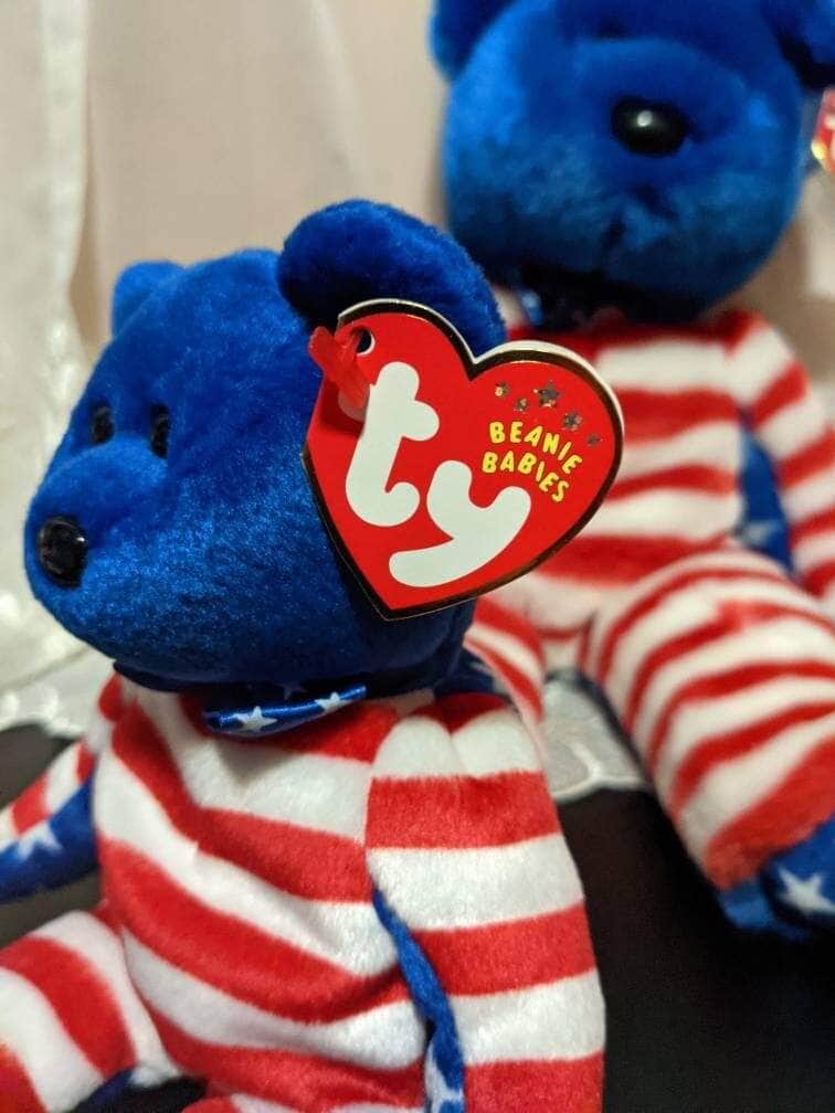 Ty Liberty The Blue-faced Bear Beanie Baby + Beanie Buddy Lot - Near Mint (Sold As Pair) - Vintage Beanies Canada