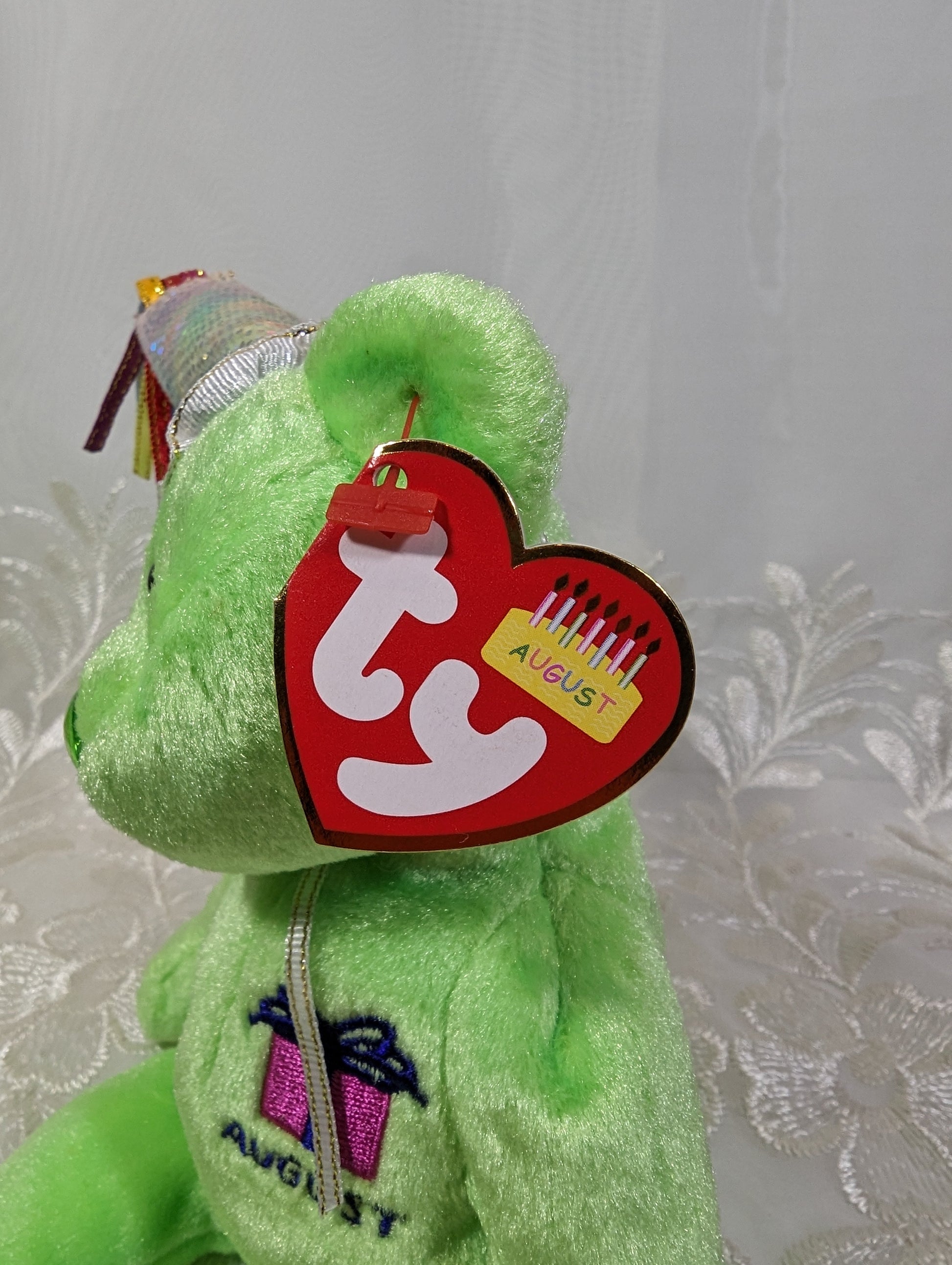 Ty Beanie Baby - August the Green Bear Birthday With Party Hat (9in) - Vintage Beanies Canada