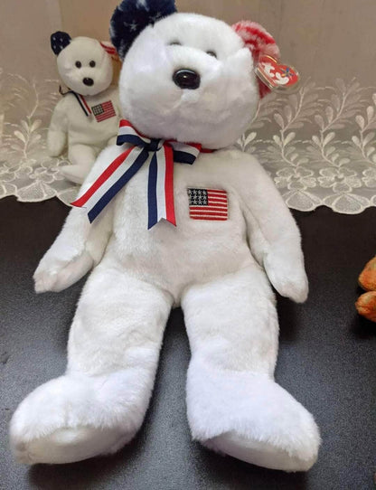 Ty Beanie Baby + Beanie Buddy Lot - America The White Bear - Near Mint (sold as pair) - Vintage Beanies Canada