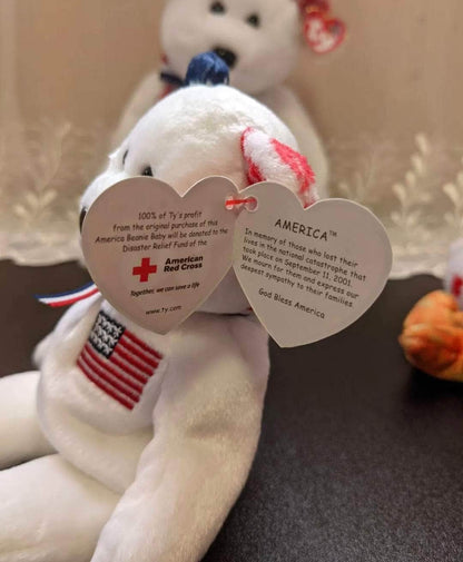 Ty Beanie Baby + Beanie Buddy Lot - America The White Bear - Near Mint (sold as pair) - Vintage Beanies Canada