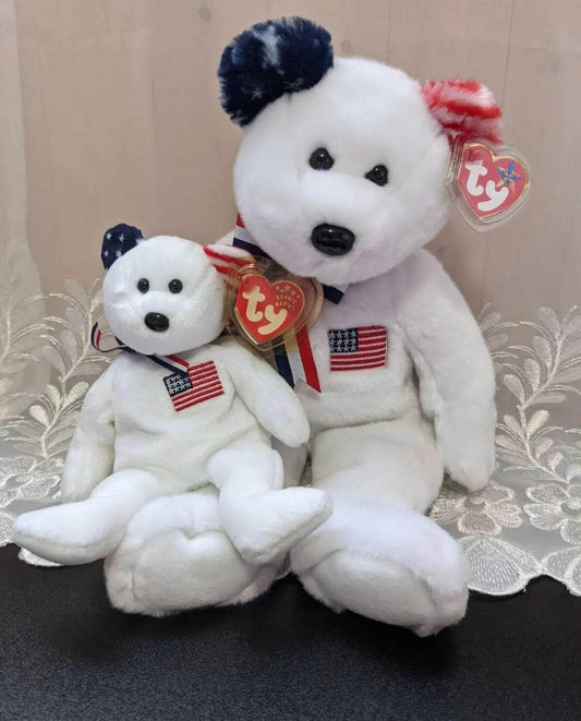 Ty Beanie Baby + Beanie Buddy Lot - America The White Bear - Near Mint (sold as pair) - Vintage Beanies Canada
