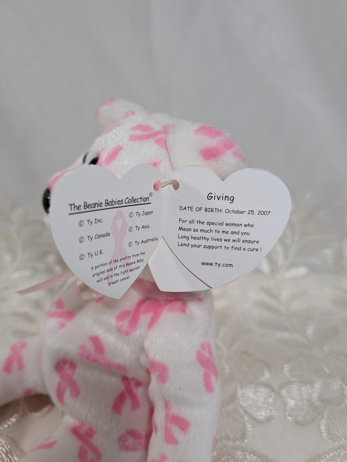 Ty Beanie Baby - Giving the Cancer Awareness Bear (8.5in) - Vintage Beanies Canada