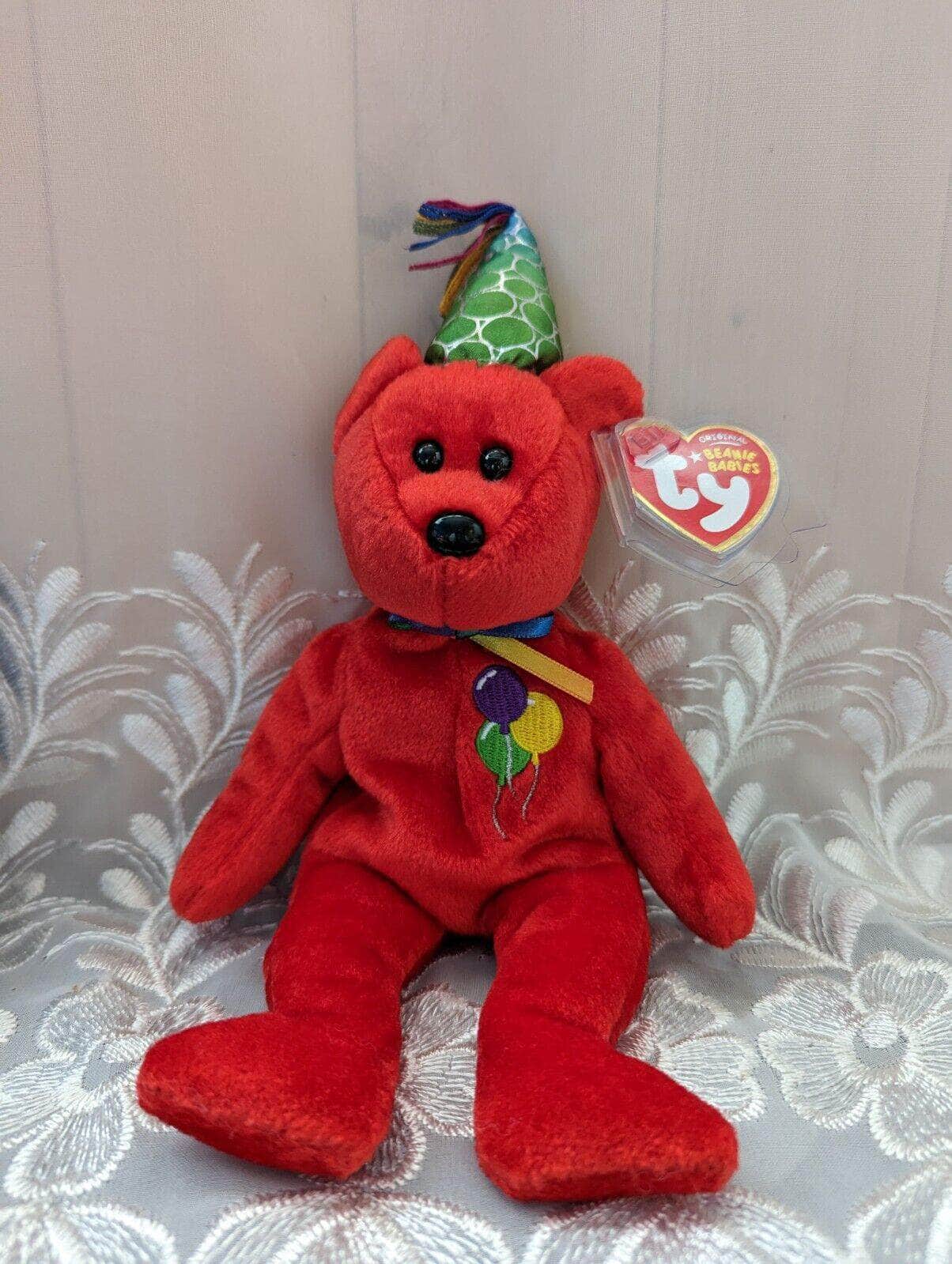 Ty Beanie Baby - Red Happy Birthday Teddy Bear With Party Hat (9in) - Vintage Beanies Canada