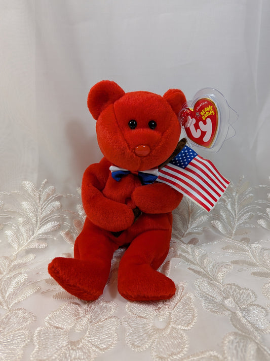Ty Beanie Baby - Thomas the bear holding USA flag (8.5 in) - Vintage Beanies Canada