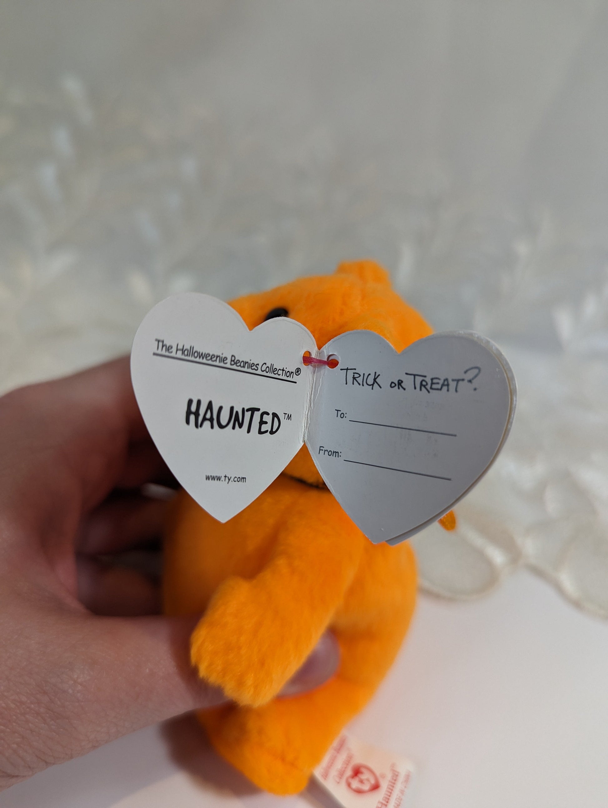 Ty Halloweenie Beanies - Haunted the orange Halloween Ghost Bear (4in) *Tiny* - Vintage Beanies Canada