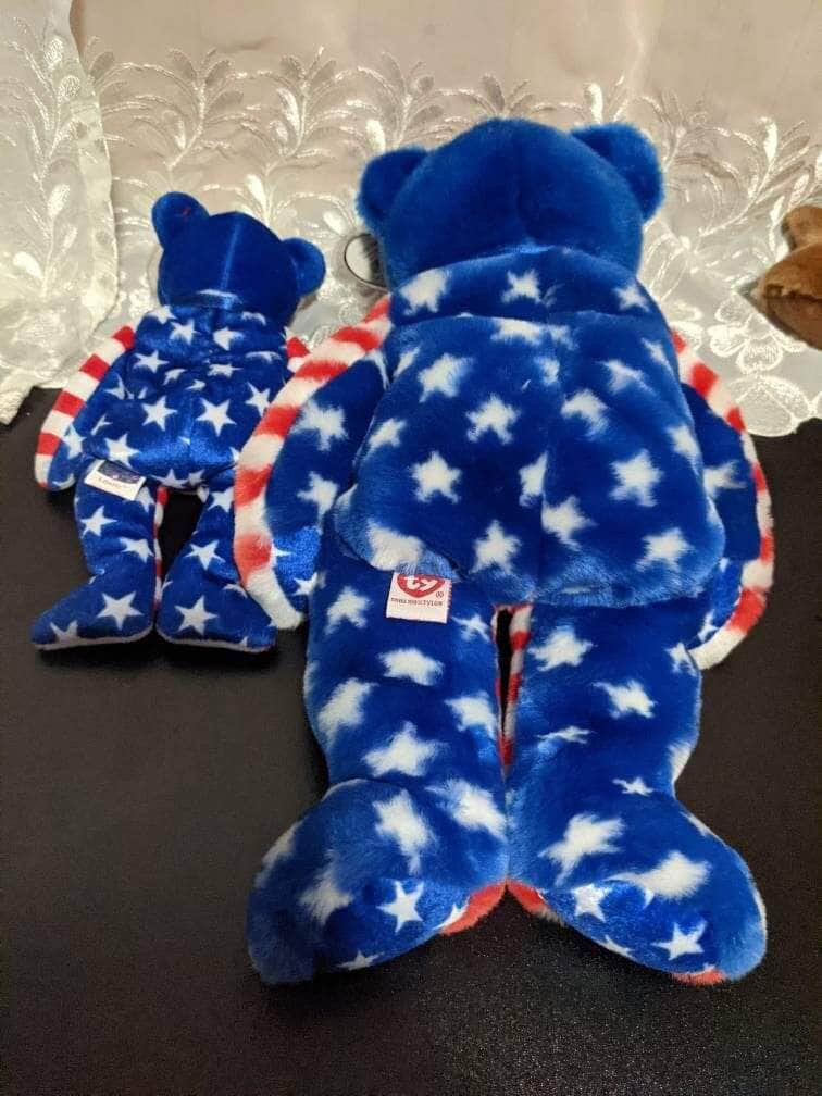 Ty Liberty The Blue-faced Bear Beanie Baby + Beanie Buddy Lot - Near Mint (Sold As Pair) - Vintage Beanies Canada