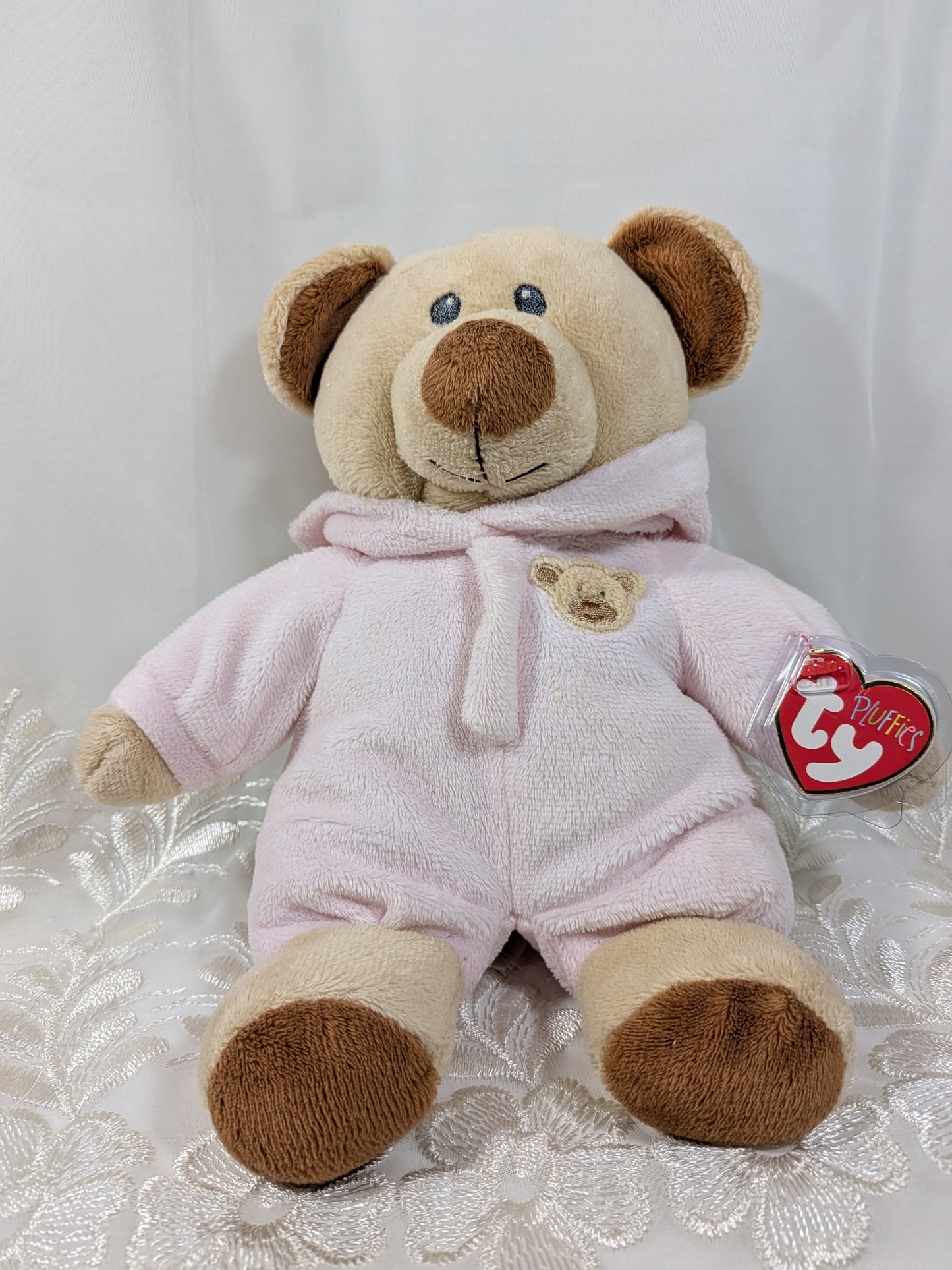 Ty Pluffies Collection - Baby Bear Pink with Non - removable Pj's (10in) *Rare* Non - mint Hang Tag - Vintage Beanies Canada