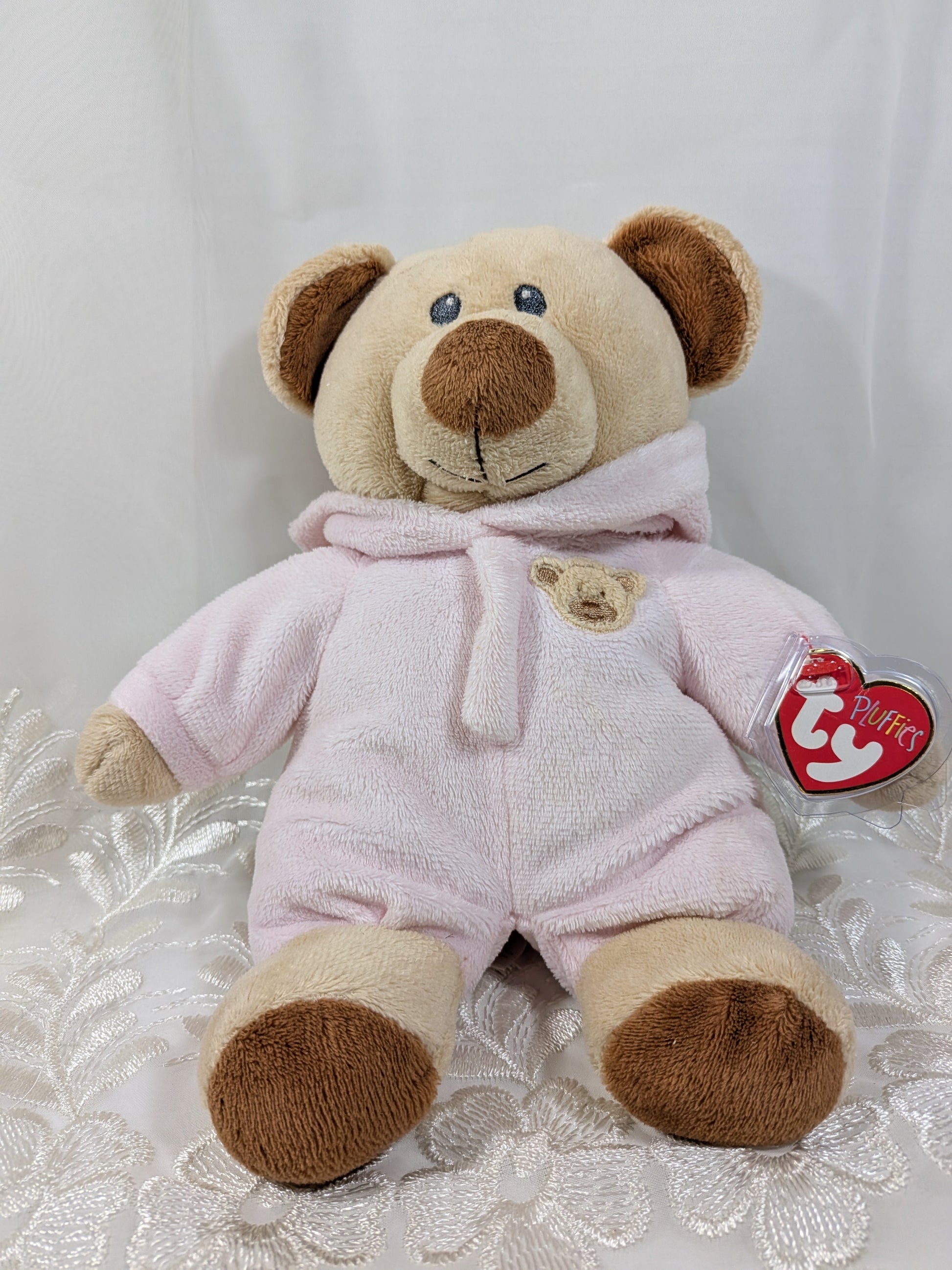 Ty Pluffies Collection - Baby Bear Pink with Non - removable Pj's (10in) *Rare* Non - mint Hang Tag - Vintage Beanies Canada