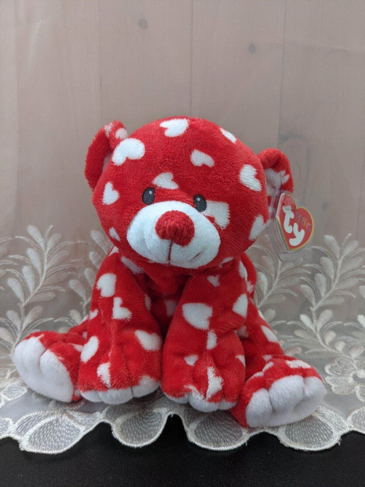 Ty Pluffies Collection - Dreamly The Bear Cover in Hearts (9in) - Vintage Beanies Canada