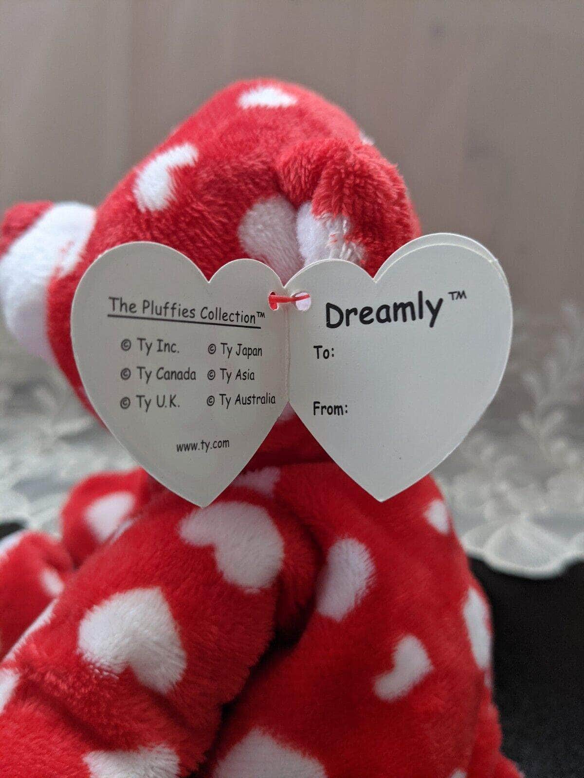 Ty Pluffies Collection - Dreamly The Bear Cover in Hearts (9in) - Vintage Beanies Canada